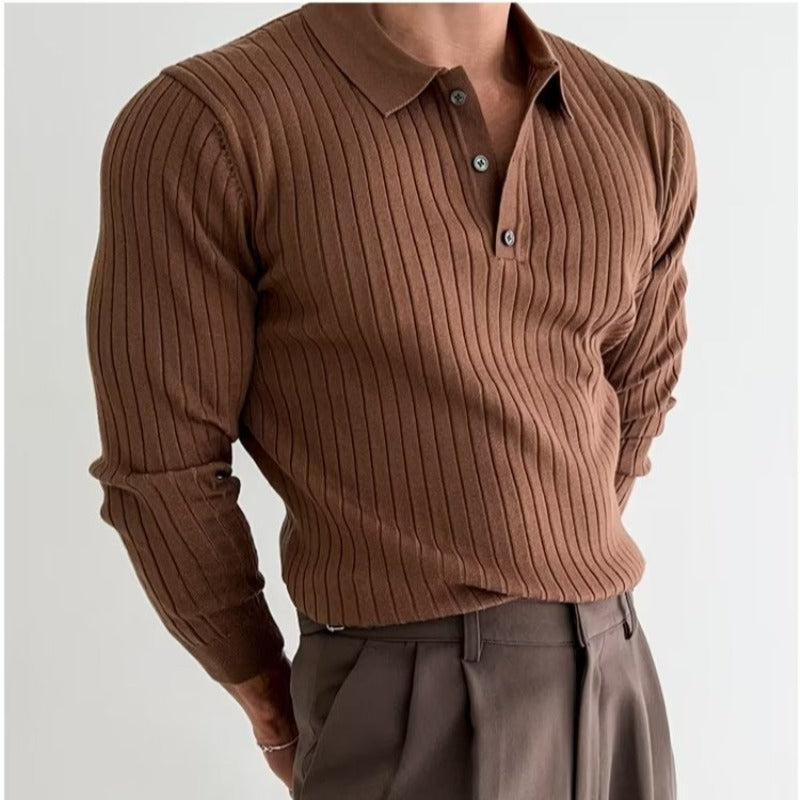 Lapel Button Long Sleeve Slim Fit Polo Shirt for Men - Solid and Striped Knitted Design