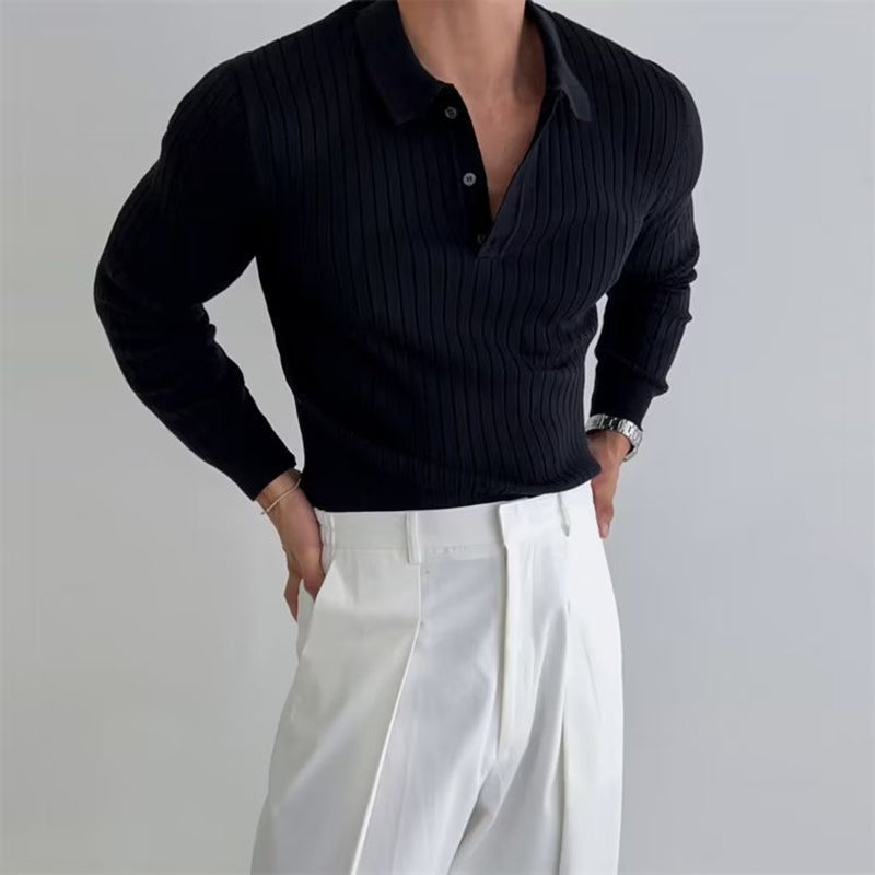 Lapel Button Long Sleeve Slim Fit Polo Shirt for Men - Solid and Striped Knitted Design