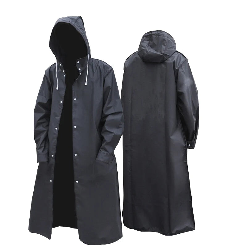 Black Fashion Adult Waterproof Long Raincoat Women Men Rain Coat Hooded for Outdoor Hiking Travel Fishing Climbing Thickened